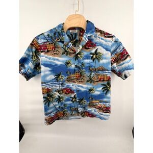 Pacific Legend Hawaiian Shirt Mens Blue Red Tan Woody Wagon Surfboard Cotton